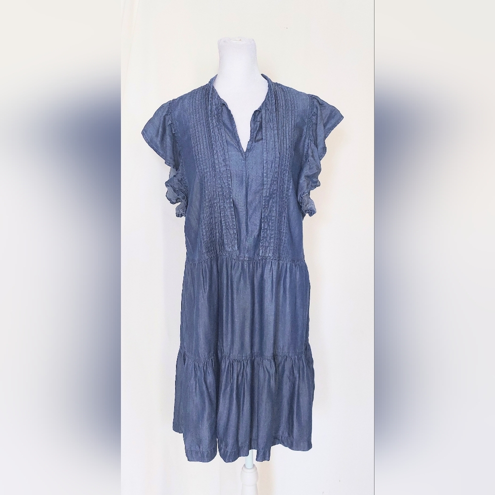 Tommy Hilfiger Tie Front Pleated Tiered Chambray Shirt Dress Size 6